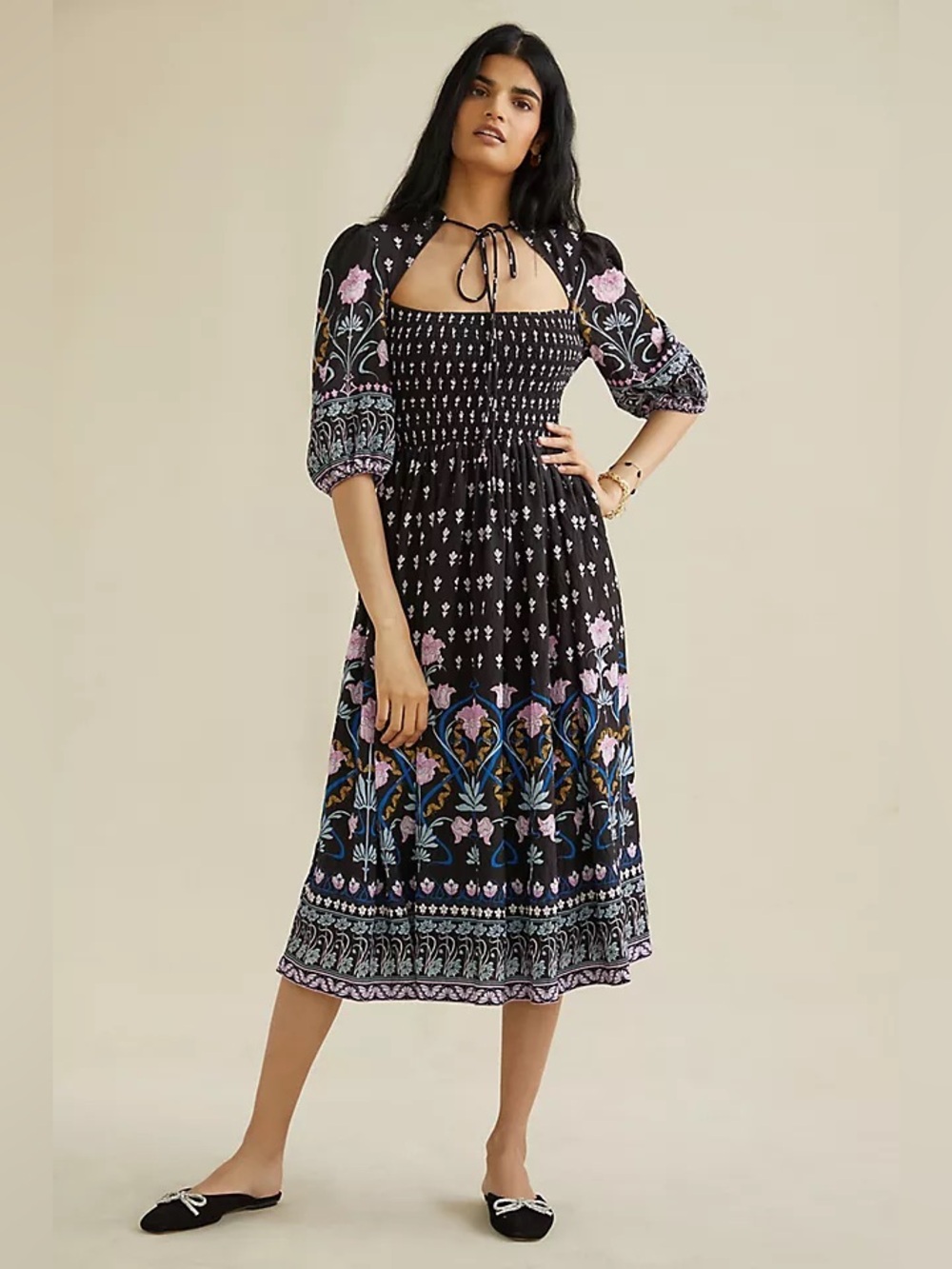 NWT Anthropologie Black DASHA smocked Midi Dress with Pink Floral Border Medium
